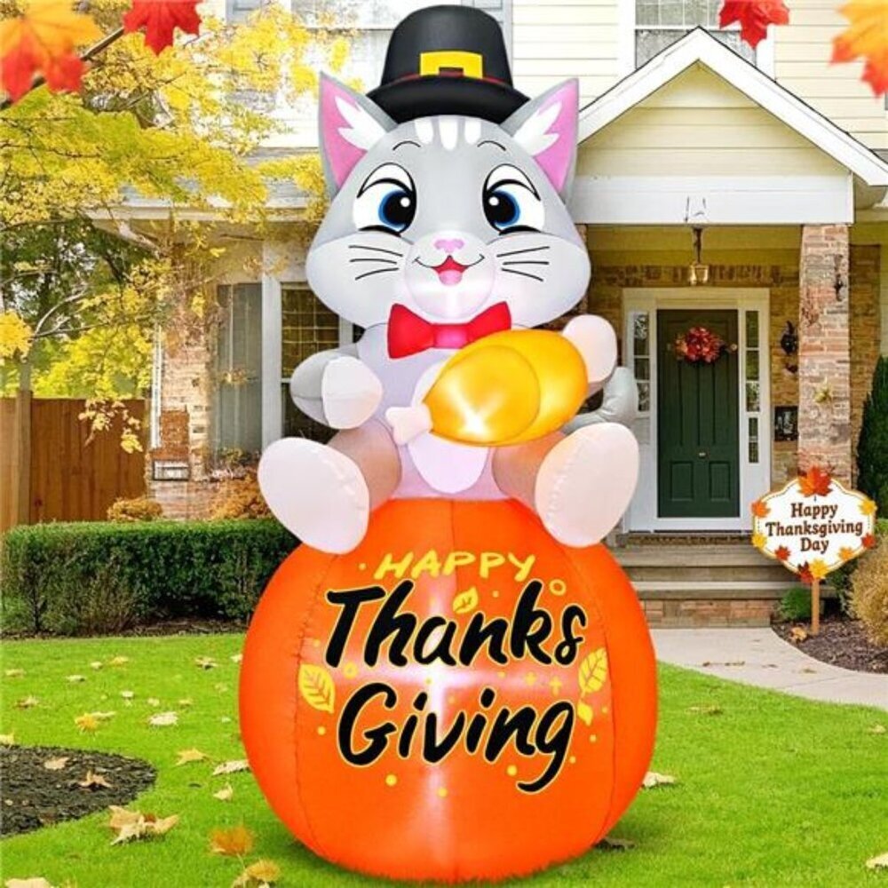 Inflatable Cat Pumpkin 5FT Thanksgiving Yard Decoration LED